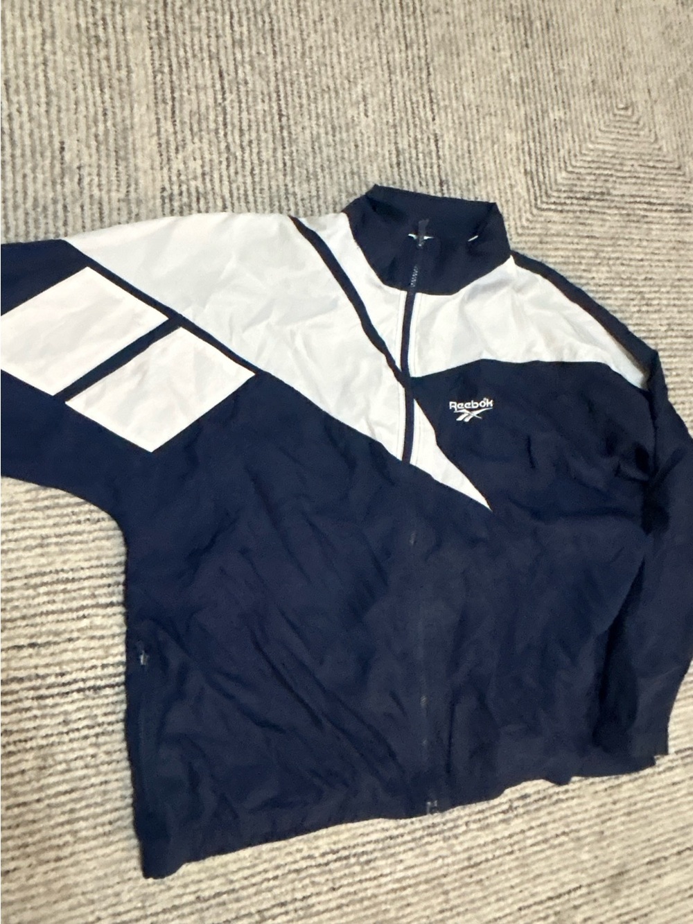 Reebok Vintage 90s Men’s Navy and White Track Jacket Size Large Nylon hooded